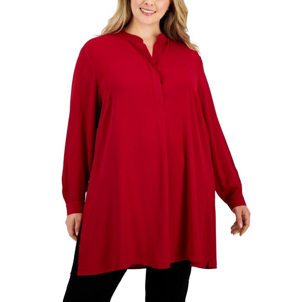 Anne Klein Plus Size 2X Longer Length Nehru Tunic Red MSRP $99